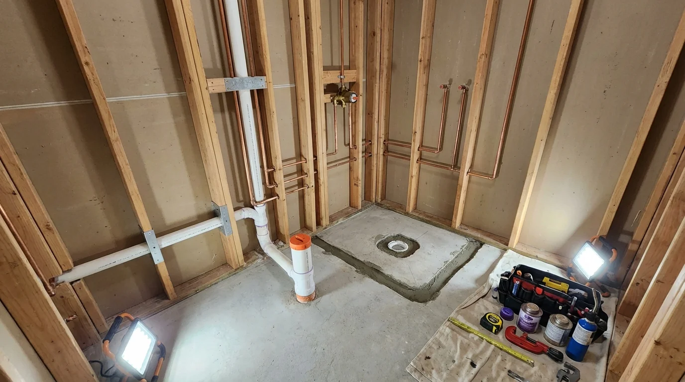 Bathroom rough-in plumbing during remodel by Johns Plumbing LLC in Fort Ashby