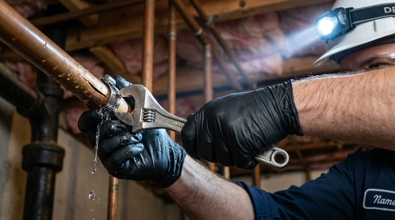 Emergency pipe clamp repair being performed by a Johns Plumbing LLC plumber in Fort Ashby