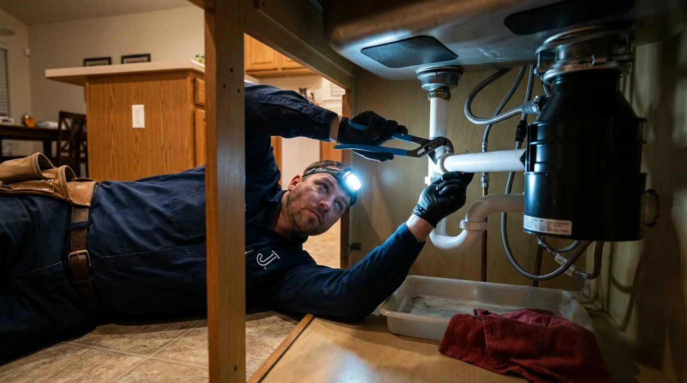 P-trap and supply line connections under a kitchen sink showing a common leak point in Fort Ashby, WV
